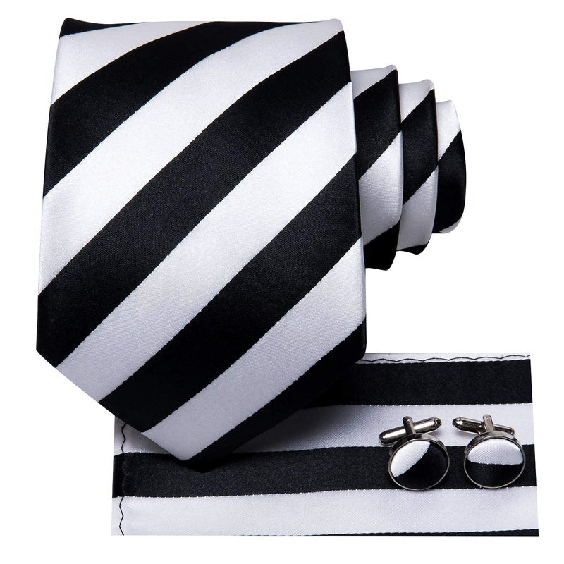 Hi-Tie Silk Ties for Men Plaid Paisley Striped Necktie Pocket Square Cufflinks Set Formal Business,Black White Striped - Image 2